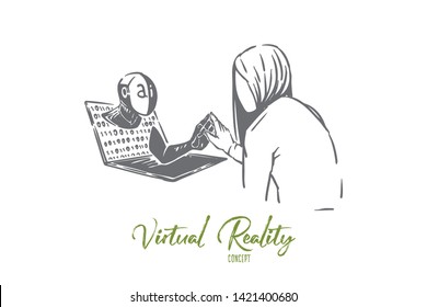 Virtual Friend Metaphor, AI Friend, Robot, Cyborg Appearing From Laptop Display. Social Media Addiction, Online Dating, Danger Of ID Theft, Hacker Attack Concept Sketch. Hand Drawn Vector Illustration