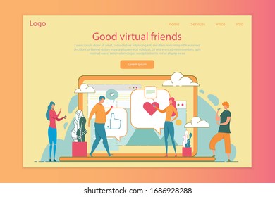 Plantilla de la página de aterrizaje de vectores planos de amigos virtuales. Diseño de banner web plano de aplicación de comunicación por Internet. Gente Chateando. Mensajería en redes sociales. Ilustración del sitio web de la conversación en línea