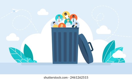 Virtual friends in the trash can. Social network icons. Digital lifestyle, Loneliness, Internet solitude concepts. Digital detox concept.  Refuse gadgets and social networks. Vector illustration