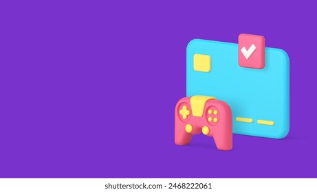Virtual game card payment buying digital multimedia content gamepad console 3d icon realistic vector illustration. Cyberspace entertainment internet transaction electronic commerce banking complete