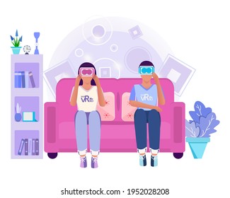 Virtual game. Guy and girl with glasses in virtual reality. The concept of using new technologies at home.