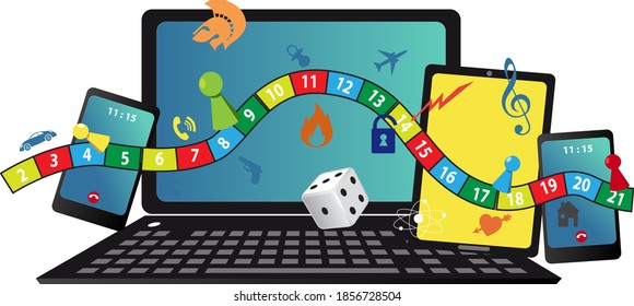 Virtual Game Night/ Board Game Field, Dice And Pieces Over Digital Devices, EPS 8 Vector Illustration