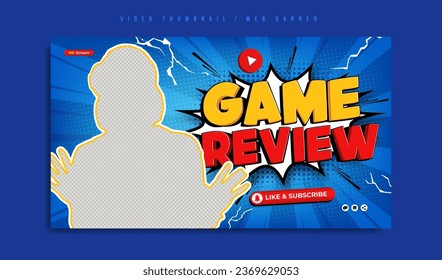 Virtual game review social media video thumbnail or web banner template. vr gaming technology or sports tech company business marketing website cover. Cyberspace background by grunge halftone pattern.