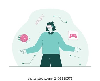 Virtual game with technology in glasses, meta verse vector illustration.