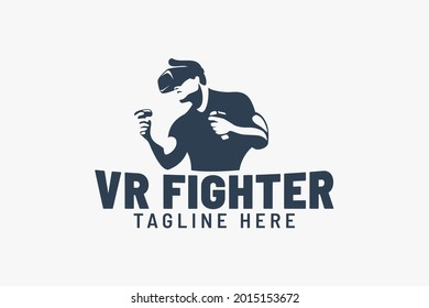 virtuelles Gamer-Logo mit Mann, der eine vr-box-Brille trägt und sich wie ein Kämpfer darstellt.