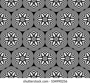 virtual geometric flowers. Abstract seamless vector illustration. visual 3D effect. For the design, printing, wallpaper, invitations/ black and white