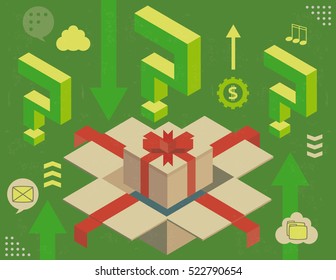 Virtual gift inside a box and question mark, concept with infographics elements and grunge texture.