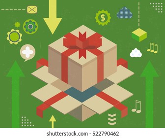 Virtual gift inside a isometric box, concept with infographics elements and grunge texture.