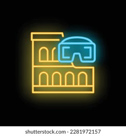 Vector de contorno de icono de gafas virtuales. Viaje. Realidad en línea color de neón aislado en negro