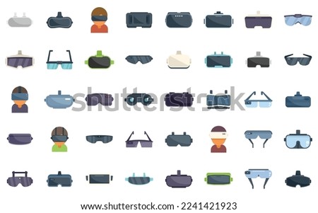 Virtual glasses icons set flat vector. Vr reality. Oculus video isolated