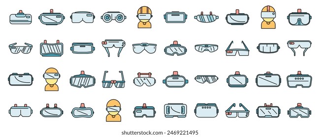 Virtual glasses icons set outline vector. Vr reality. Oculus video thin line color flat on white