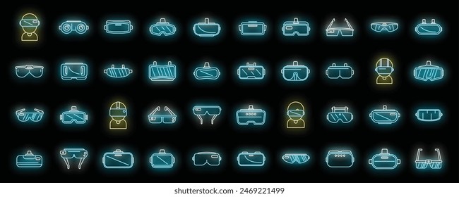 Virtual glasses icons set outline vector. Vr reality. Oculus video neon color on black
