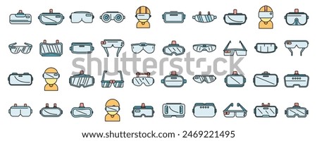 Virtual glasses icons set outline vector. Vr reality. Oculus video thin line color flat on white