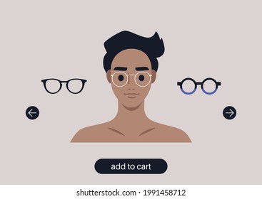 Virtual glasses try on tool, a young male character portrait wearing different frames