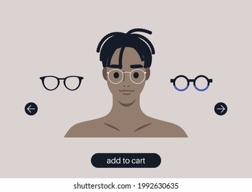Virtual glasses try on tool, a young male Black character portrait wearing different frames