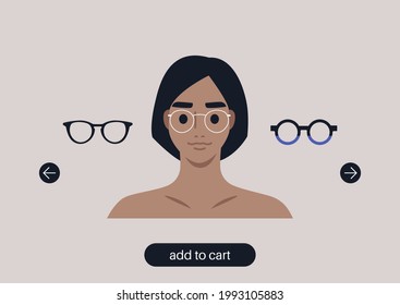 Virtual glasses try on tool, a young female character portrait wearing different frames