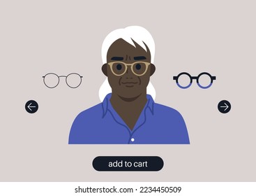 Intento de gafas virtuales en una herramienta, retrato de una mujer mayor de África usando marcos diferentes