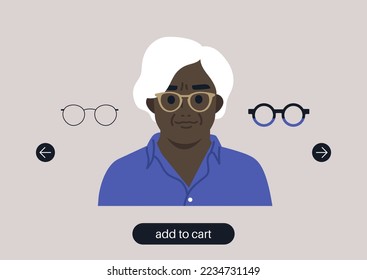 Virtual glasses try on tool, a senior female African character portrait wearing different frames