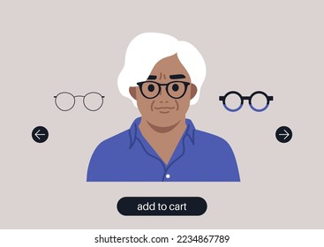 Virtual glasses try on tool, a senior female Caucasian character portrait wearing different frames