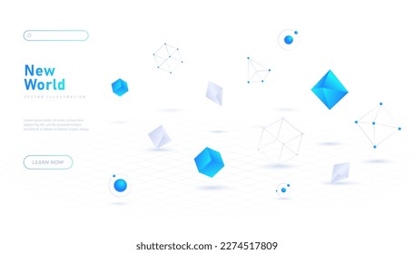 Virtual global internet connection. Metaverse and cyberspace, virtual reality. Abstract landing page design with geometric shapes. Futuristic interface. Cartoon isometric vector illustration