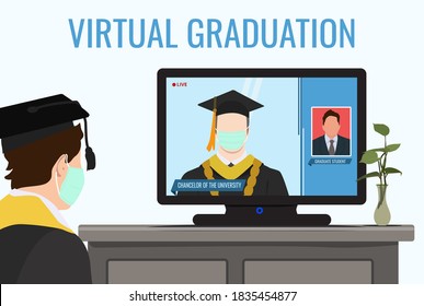 Virtual Graduation, graduation by teleconference refers to health protocols during a pandemic, wear a medical mask, use it for illustration or background image, eps 10 editable, scalable.