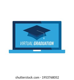 Virtual graduation. Cap on laptop screen. Pandemic coronavirus covid-19 measure. Online celebration to stay safe. Flat vector illustration.