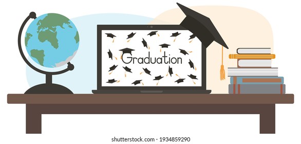 Virtual graduation. Celebration of grad at home through laptop screen. Globe and books on table. Vector illustration