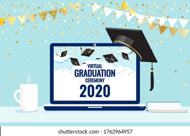 Virtual graduation ceremony 2020 greetings, laptop screen. Pandemic coronavirus covid-19 measure. Tradition to throw up mortarboard hats. Online celebration meeting. Use technology, stay safe. Vector 