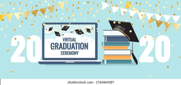 Virtual graduation ceremony 2020 greetings, laptop screen. Pandemic coronavirus covid-19 measure. Tradition to throw up mortarboard hats. Online celebration meeting. Use technology, stay safe. Vector