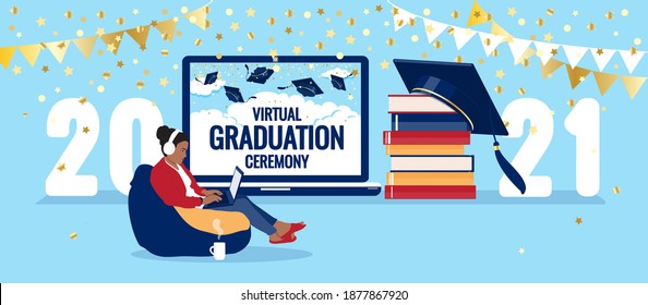 Virtual graduation ceremony 2021 greetings, laptop screen, traditional cap. Pandemic coronavirus covid-19. Young girl at online remote celebration meeting, use technology to stay safe. Vector banner