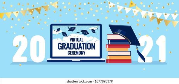 Virtual graduation ceremony 2021 greetings, laptop screen. Pandemic coronavirus covid-19. Tradition to throw up mortarboard hats. Online remote celebration meeting. Use technology, stay safe. Vector