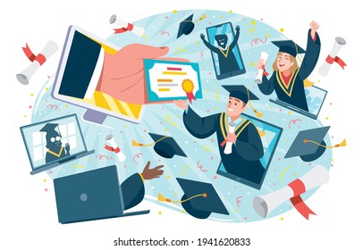 Virtual graduation ceremony 2021 greetings, laptop screen. Pandemic coronavirus covid-19 measure. Tradition to throw up mortarboard hats. Online celebration meeting. Use technology, stay safe. Vector