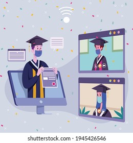 Virtual graduation ceremony 2021 greetings, laptop screen. Pandemic coronavirus covid-19 measure. Tradition to throw up mortarboard hats. Online celebration meeting. Use technology, stay safe. Vector
