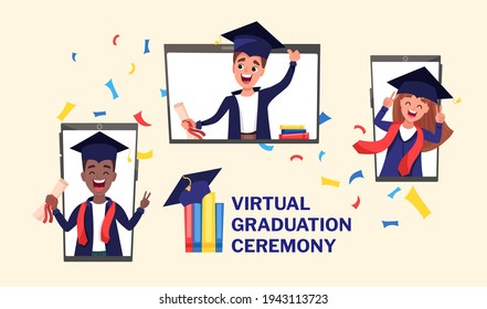 Virtual graduation ceremony 2021. Online video call with multiethnic graduates in mortarboards and gown with confetti around the phones. Coronavirus lockdown, quarantine. Vector cartoon illustration
