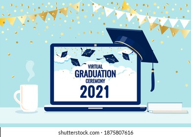 Virtual graduation ceremony 2021greetings, laptop screen. Pandemic coronavirus covid-19 measure. Tradition to throw up mortarboard hats. Online celebration meeting. Use technology, stay safe. Vector