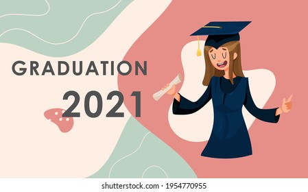 Virtual graduation ceremony banner. Online video call conference with all graduates in mortarboards and gown with confetti around the phones. Coronavirus lockdown, quarantine. Vector flat illustration