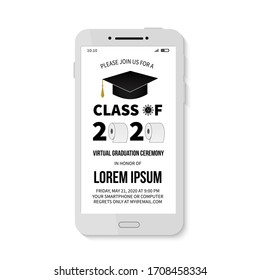 Virtual Graduation Ceremony Class Of 2020 Invitation With Toilet Paper. Electronic Email Or Text Graduation Party Invite. Coronavirus COVID-19 Quarantine. Grad Announcement Smartphone Vector Template.