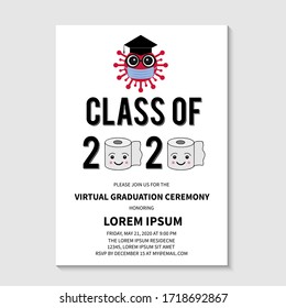 Virtual Graduation Ceremony Class of 2020 vector invitation. Cartoon virus wearing protective mask and  hat with tassel and toilet paper. Grad party announcement. Coronavirus COVID-19 Quarantine. 