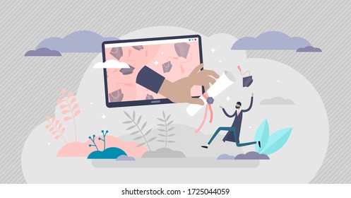 Virtual graduation ceremony concept, flat tiny person vector illustration. Receiving college or university diploma remotely. Successful and happy male student getting digital study diploma certificate