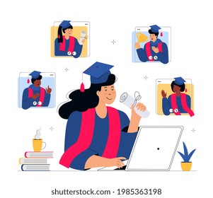 A Virtual Graduation Ceremony. Graduates celebrate during coronavirus quarantine. A woman in gown and mortarboard sits in front of a laptop. Students make a conference video call