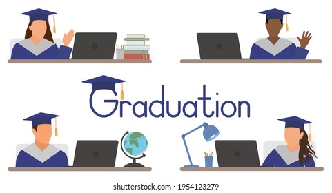 Virtual graduation ceremony. Graduates in graduating clothing sitting at desk in front of laptop at home and communicate using Internet. Vector illustration