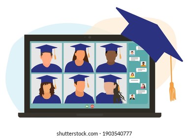 
Virtual graduation ceremony. Graduates in square academic caps (mortarboard) communicate via video call. Laptop screen. Communication of students graduates. Vector illustration
