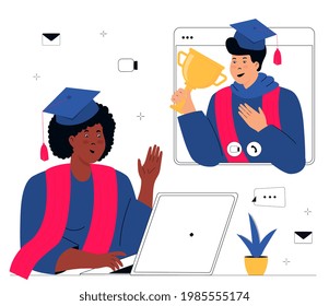 A Virtual Graduation Ceremony. Graduates Students make a conference video call. A girl in gown and mortarboard sits in front of a laptop. African American student holds a winner's cup in his hand