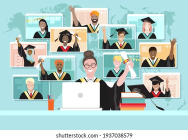 Virtual graduation ceremony, happy smiling multi ethnic cartoon students wearing traditional graduate hats and capes at computer screens. Online celebration meeting during quarantine, vector banner