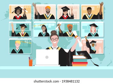 Virtual graduation ceremony, happy smiling multi ethnic cartoon students wearing traditional graduate hats and capes at computer screens. Online celebration meeting during quarantine, vector banner