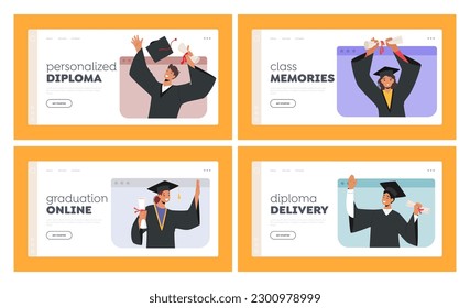 Virtual Graduation Ceremony Landing Page Template Set. Bachelors on Laptop Screen. Online Celebration Of Academic Achievements With Recognition Of Graduates. Cartoon People Vector Illustration