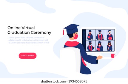 A Virtual Graduation Ceremony for Online Distance Students. Graduates in protective medical masks celebrate during coronavirus quarantine.
