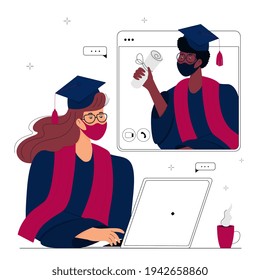 A Virtual Graduation Ceremony for Online Distance Students. Graduates in protective masks celebrate during coronavirus quarantine. A girl in gown and mortarboard sits in front of a computer monitor.
