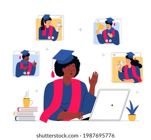 A Virtual Graduation Ceremony. Online education. African american Graduate woman in gown and mortarboard sits in front of a laptop. Diversity Students make a conference video call