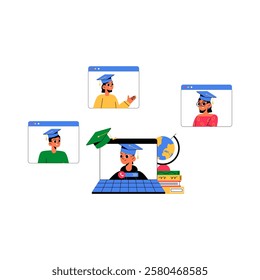 Virtual Graduation Ceremony With Online Students In Flat Vector Illustration Symbolizing Distance Learning, Academic Success, And Digital Education, Isolated On White Background.